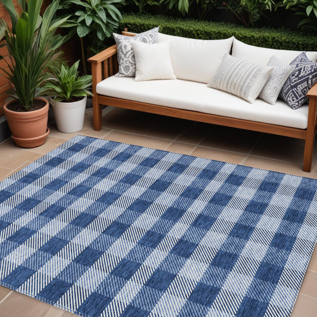 Tabselect Home Line 8' X 10' Navy Blue And Ivory Plaid Washable Indoor Outdoor Area Rug