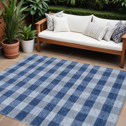 Tabselect Home Line 8' X 10' Navy Blue And Ivory Plaid Washable Indoor Outdoor Area Rug