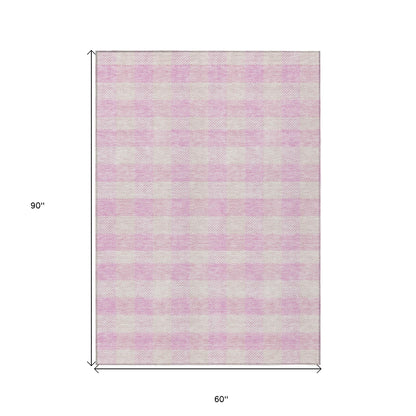 Tabselect Home Line 5' X 8' Pink And Gray Plaid Washable Indoor Outdoor Area Rug