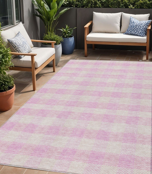 Tabselect Home Line 5' X 8' Pink And Gray Plaid Washable Indoor Outdoor Area Rug