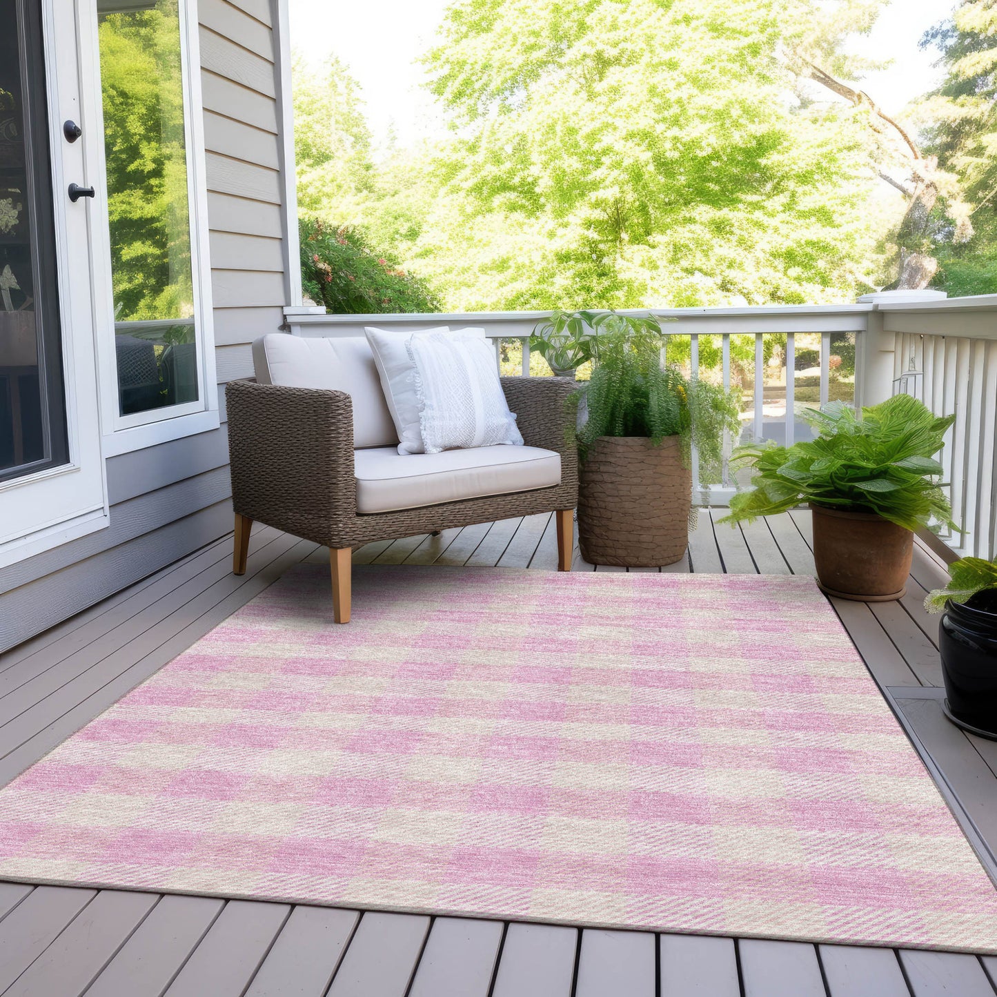 Tabselect Home Line 5' X 8' Pink And Gray Plaid Washable Indoor Outdoor Area Rug