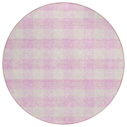 Tabselect Home Line 8' Pink And Gray Round Plaid Washable Indoor Outdoor Area Rug