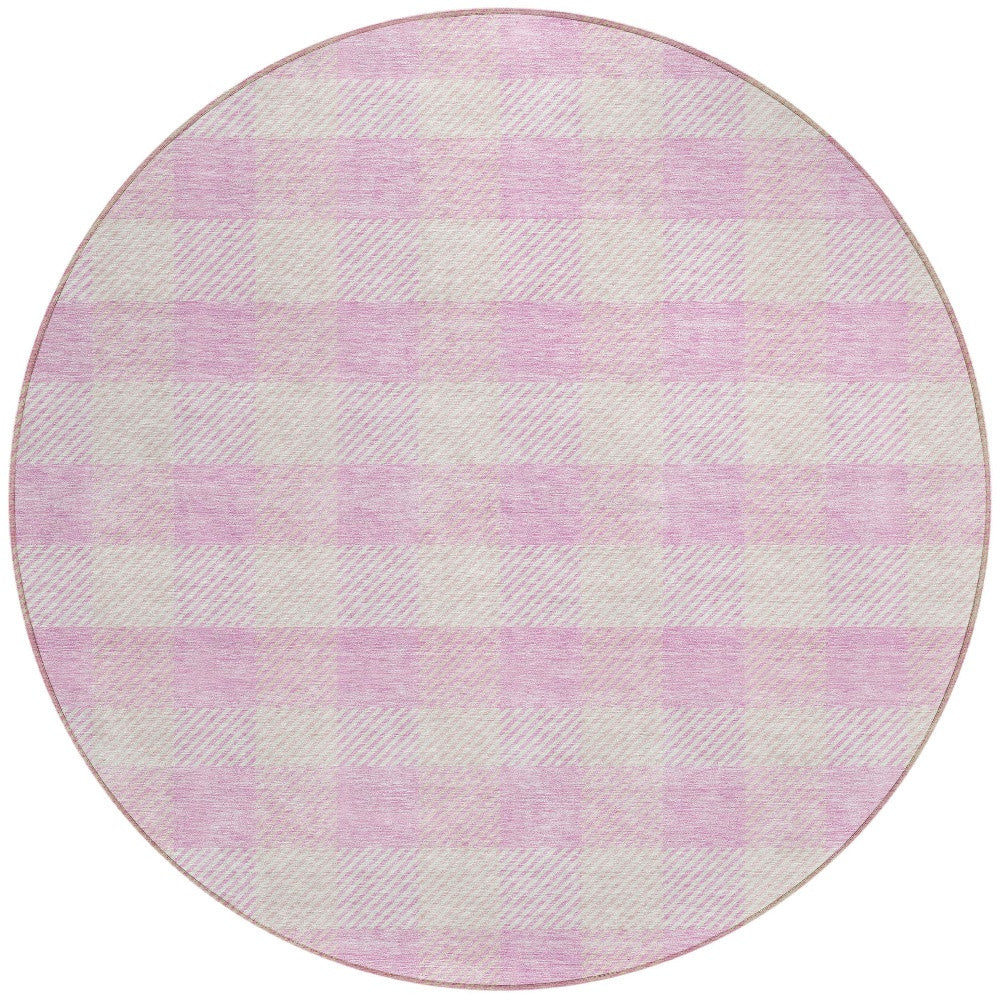 Tabselect Home Line 8' Pink And Gray Round Plaid Washable Indoor Outdoor Area Rug