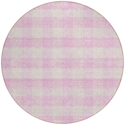 Tabselect Home Line 8' Pink And Gray Round Plaid Washable Indoor Outdoor Area Rug