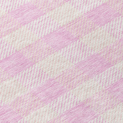 Tabselect Home Line 8' Pink And Gray Round Plaid Washable Indoor Outdoor Area Rug