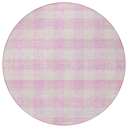 Tabselect Home Line 8' Pink And Gray Round Plaid Washable Indoor Outdoor Area Rug