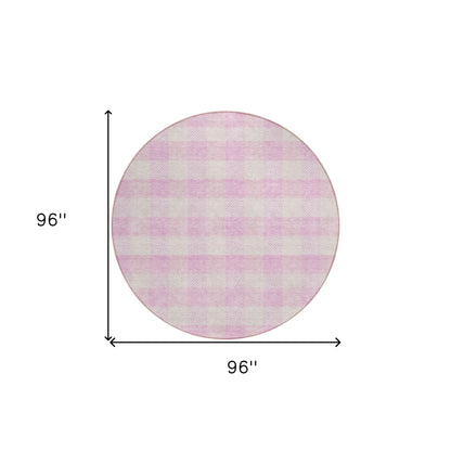 Tabselect Home Line 8' Pink And Gray Round Plaid Washable Indoor Outdoor Area Rug