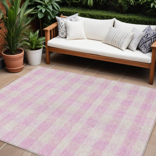 Tabselect Home Line 8' X 10' Pink And Gray Plaid Washable Indoor Outdoor Area Rug