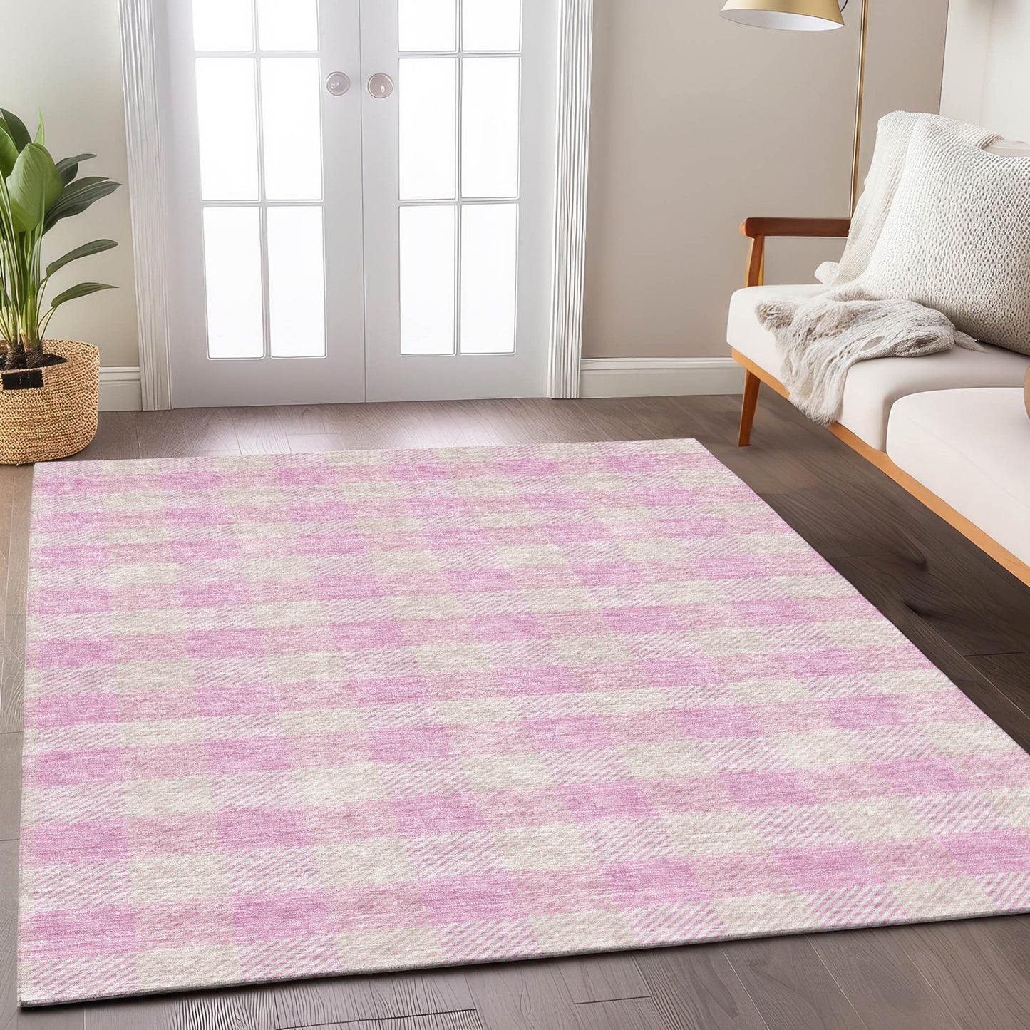 Tabselect Home Line 8' X 10' Pink And Gray Plaid Washable Indoor Outdoor Area Rug