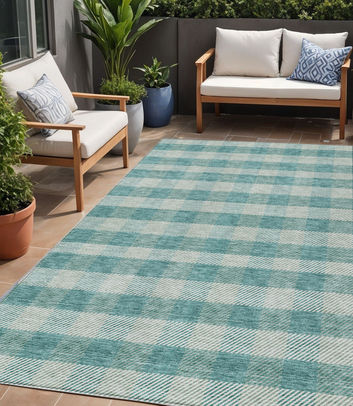 Tabselect Home Line 5' X 8' Teal Blue And Ivory Plaid Washable Indoor Outdoor Area Rug