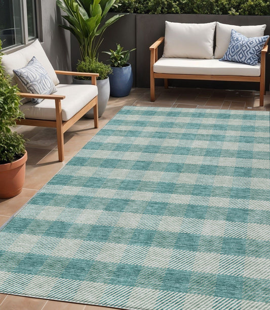 Tabselect Home Line 5' X 8' Teal Blue And Ivory Plaid Washable Indoor Outdoor Area Rug