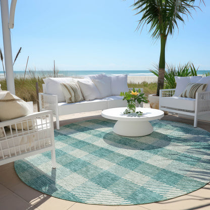 Tabselect Home Line 8' Teal Blue And Ivory Round Plaid Washable Indoor Outdoor Area Rug