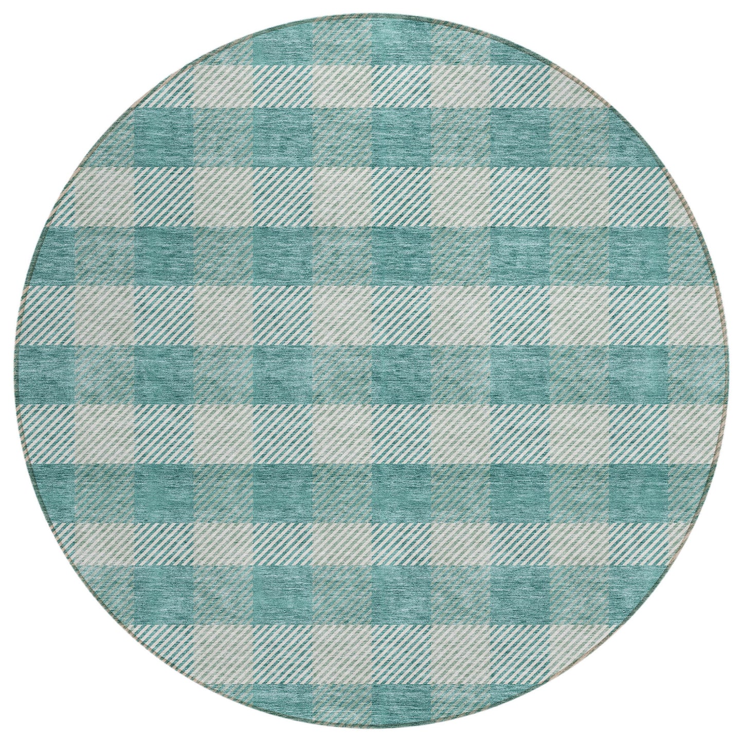 Tabselect Home Line 8' Teal Blue And Ivory Round Plaid Washable Indoor Outdoor Area Rug