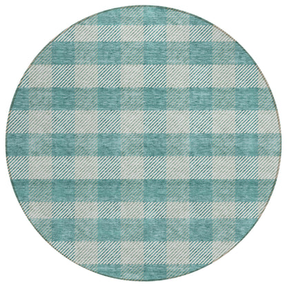 Tabselect Home Line 8' Teal Blue And Ivory Round Plaid Washable Indoor Outdoor Area Rug
