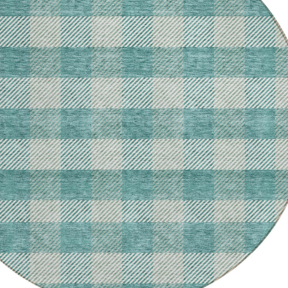 Tabselect Home Line 8' Teal Blue And Ivory Round Plaid Washable Indoor Outdoor Area Rug