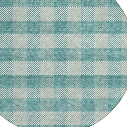 Tabselect Home Line 8' Teal Blue And Ivory Round Plaid Washable Indoor Outdoor Area Rug