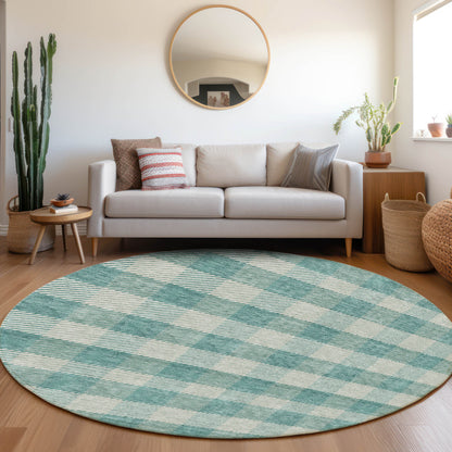 Tabselect Home Line 8' Teal Blue And Ivory Round Plaid Washable Indoor Outdoor Area Rug