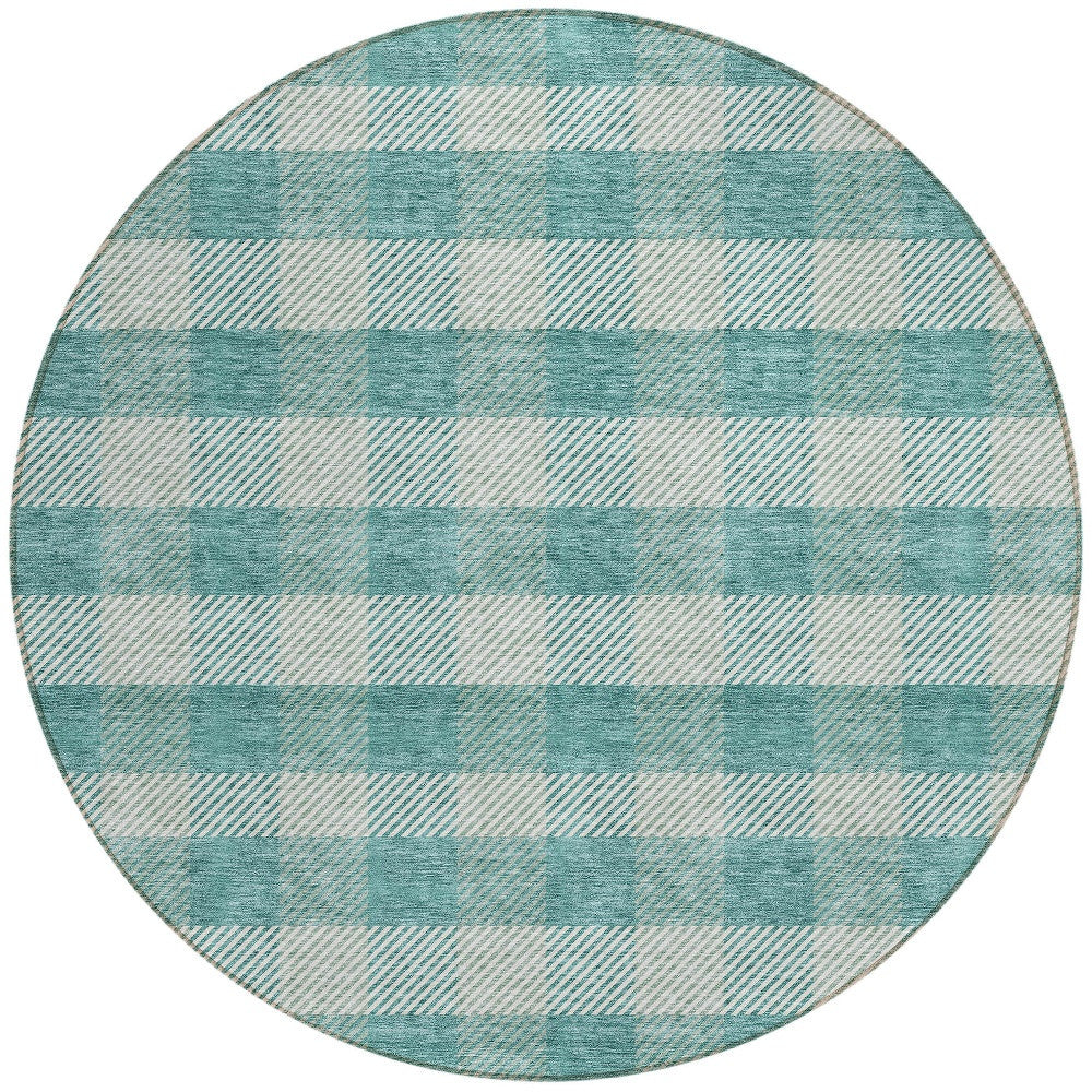 Tabselect Home Line 8' Teal Blue And Ivory Round Plaid Washable Indoor Outdoor Area Rug