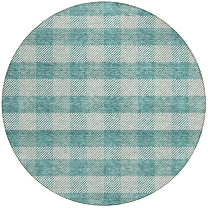Tabselect Home Line 8' Teal Blue And Ivory Round Plaid Washable Indoor Outdoor Area Rug