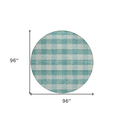 Tabselect Home Line 8' Teal Blue And Ivory Round Plaid Washable Indoor Outdoor Area Rug