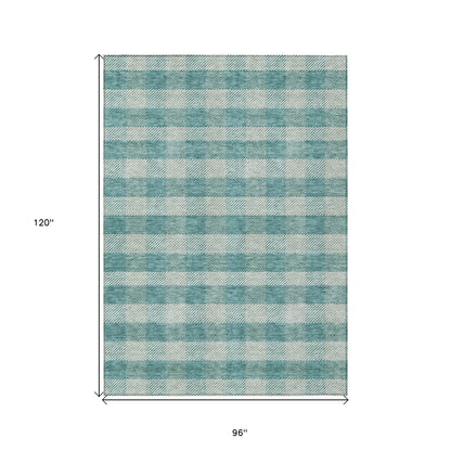 Tabselect Home Line 8' X 10' Teal Blue And Ivory Plaid Washable Indoor Outdoor Area Rug