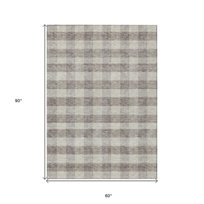 Tabselect Home Line 5' X 8' Taupe And Gray Plaid Washable Indoor Outdoor Area Rug