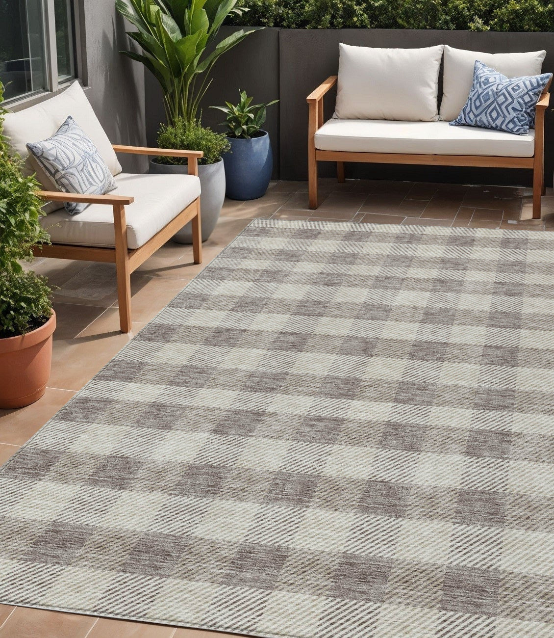 Tabselect Home Line 5' X 8' Taupe And Gray Plaid Washable Indoor Outdoor Area Rug