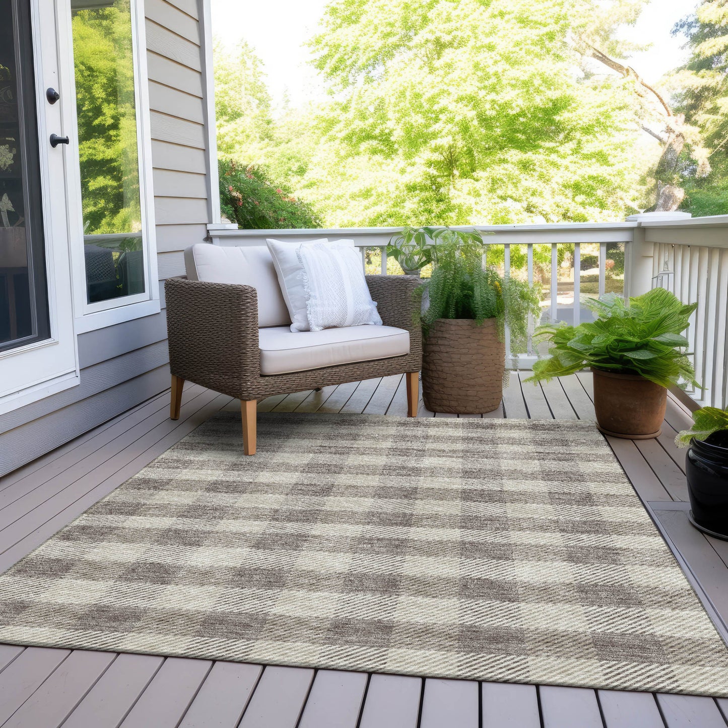 Tabselect Home Line 5' X 8' Taupe And Gray Plaid Washable Indoor Outdoor Area Rug