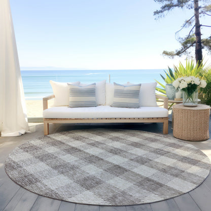 Tabselect Home Line 8' Taupe And Gray Round Plaid Washable Indoor Outdoor Area Rug