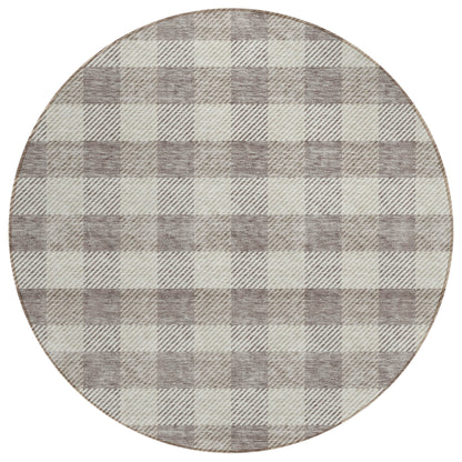 Tabselect Home Line 8' Taupe And Gray Round Plaid Washable Indoor Outdoor Area Rug