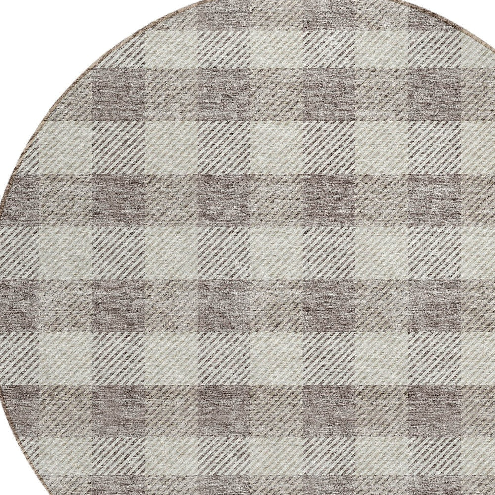 Tabselect Home Line 8' Taupe And Gray Round Plaid Washable Indoor Outdoor Area Rug