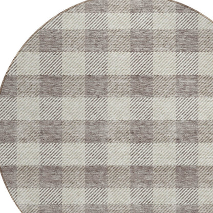 Tabselect Home Line 8' Taupe And Gray Round Plaid Washable Indoor Outdoor Area Rug