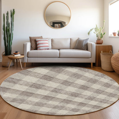 Tabselect Home Line 8' Taupe And Gray Round Plaid Washable Indoor Outdoor Area Rug