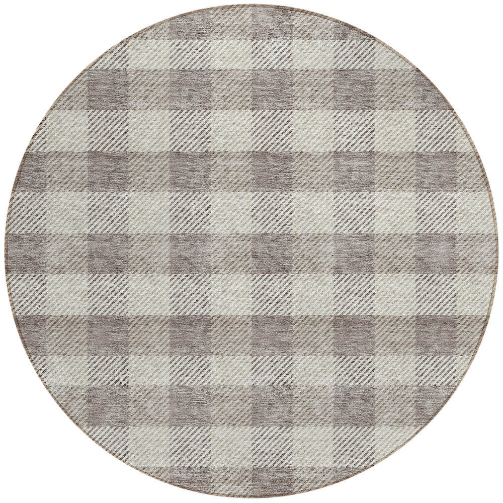 Tabselect Home Line 8' Taupe And Gray Round Plaid Washable Indoor Outdoor Area Rug