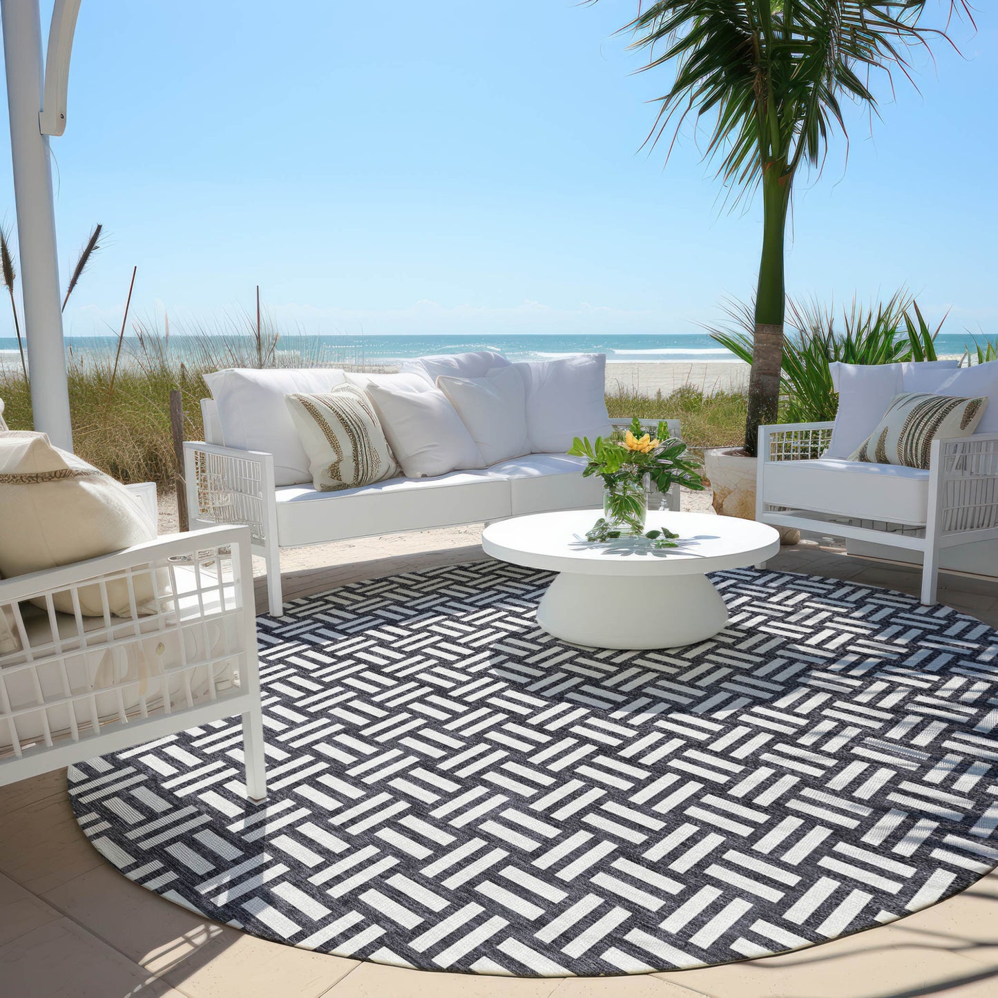 Tabselect Home Line 8' Black And Ivory Round Geometric Washable Indoor Outdoor Area Rug