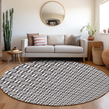 Tabselect Home Line 8' Black And Ivory Round Geometric Washable Indoor Outdoor Area Rug