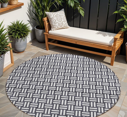 Tabselect Home Line 8' Black And Ivory Round Geometric Washable Indoor Outdoor Area Rug