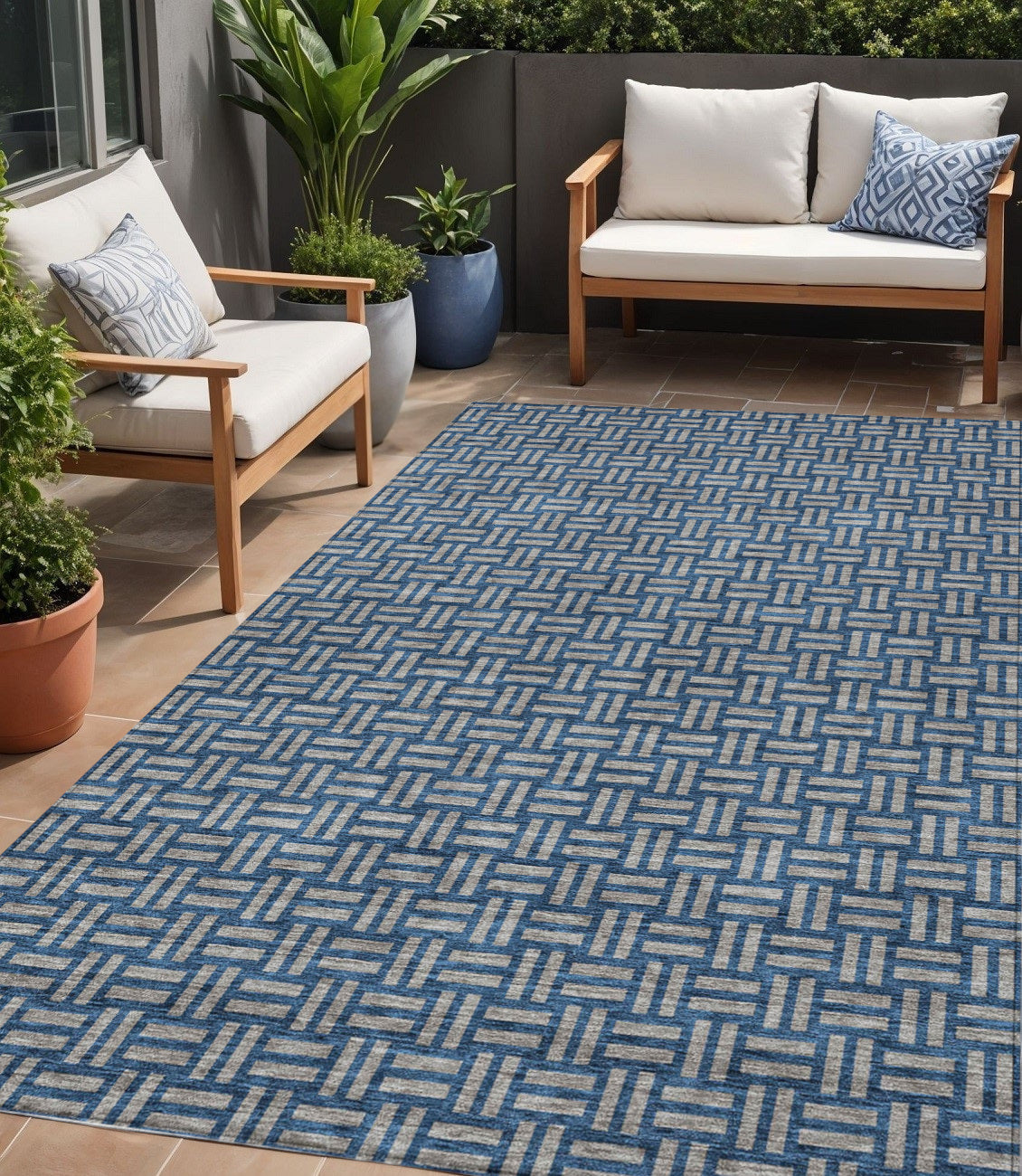 Tabselect Home Line 5' X 8' Blue And Gray Geometric Washable Indoor Outdoor Area Rug