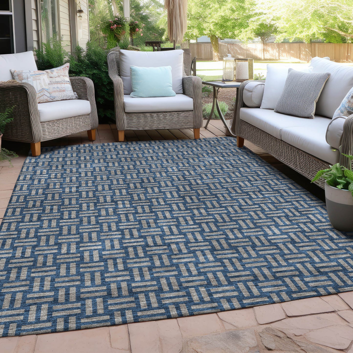 Tabselect Home Line 5' X 8' Blue And Gray Geometric Washable Indoor Outdoor Area Rug