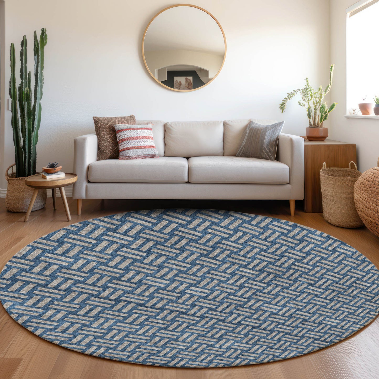 Tabselect Home Line 8' Blue And Gray Round Geometric Washable Indoor Outdoor Area Rug
