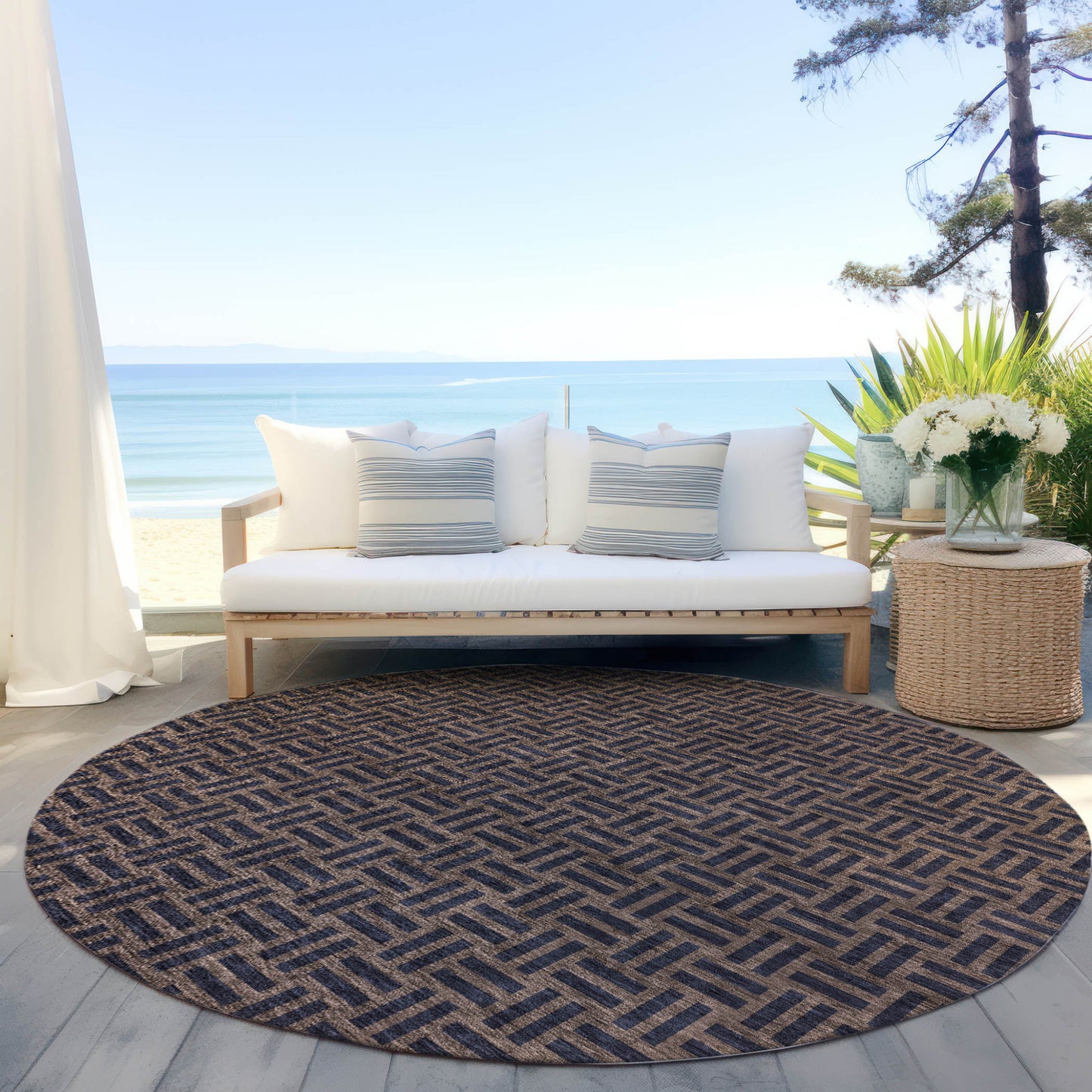 Tabselect Home Line 8' Chocolate And Black Round Geometric Washable Indoor Outdoor Area Rug