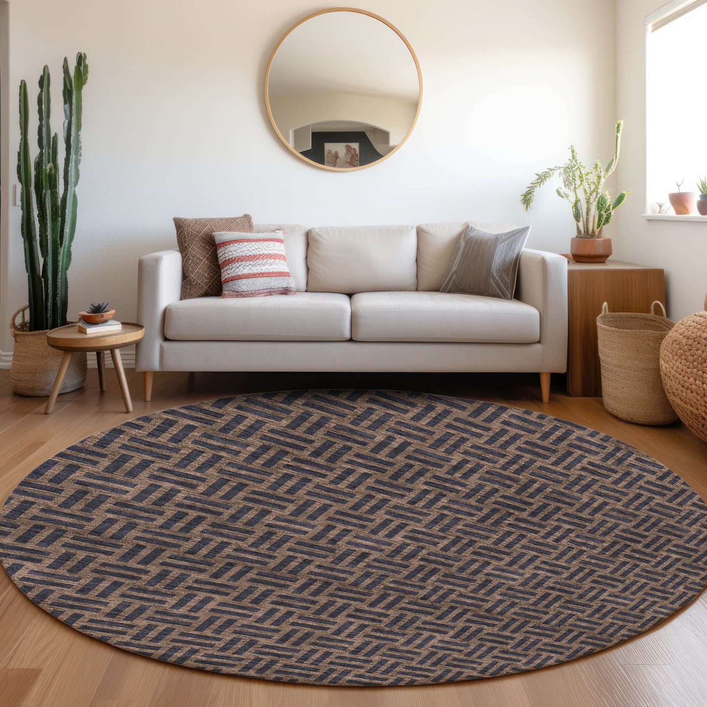 Tabselect Home Line 8' Chocolate And Black Round Geometric Washable Indoor Outdoor Area Rug