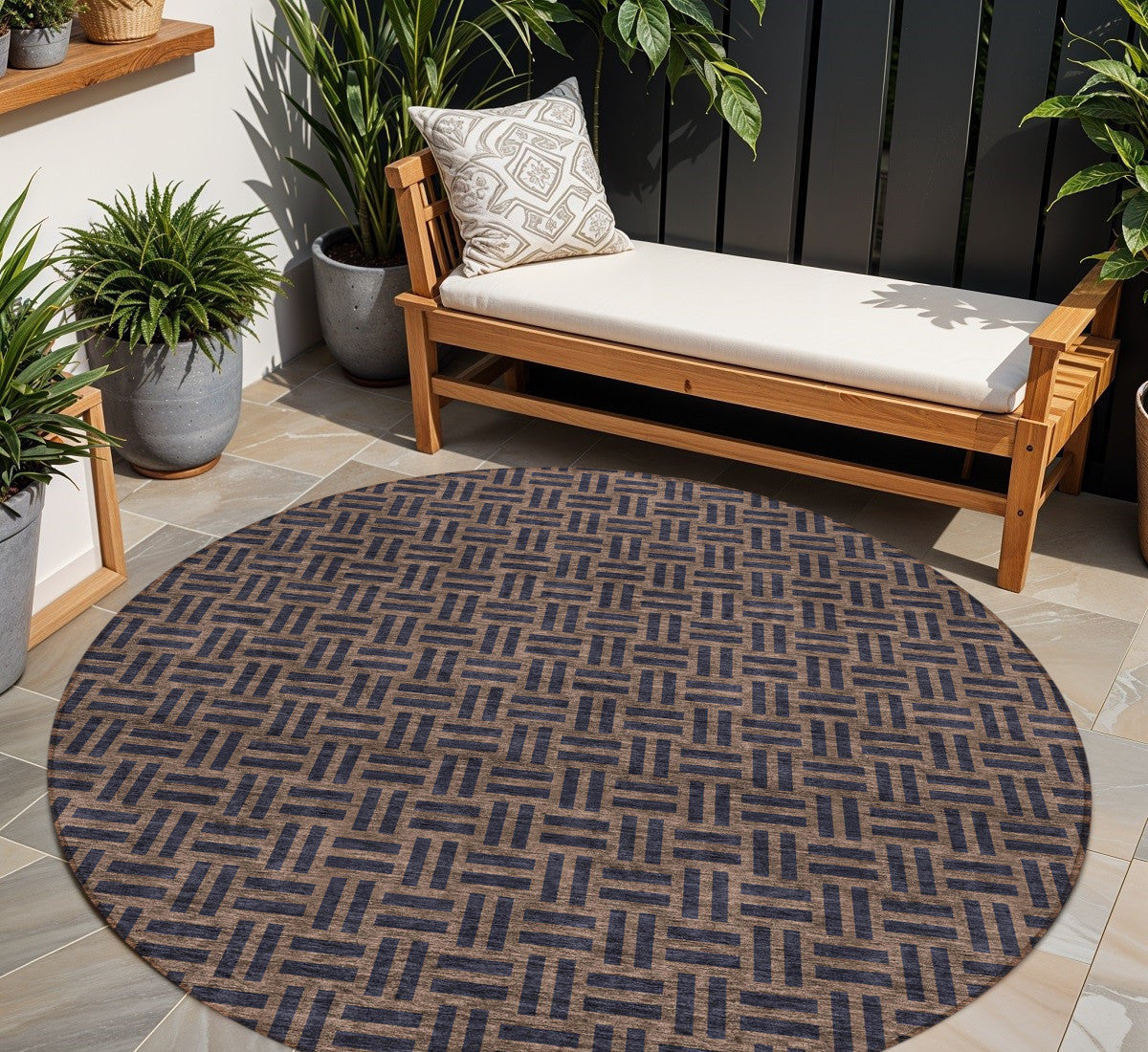 Tabselect Home Line 8' Chocolate And Black Round Geometric Washable Indoor Outdoor Area Rug