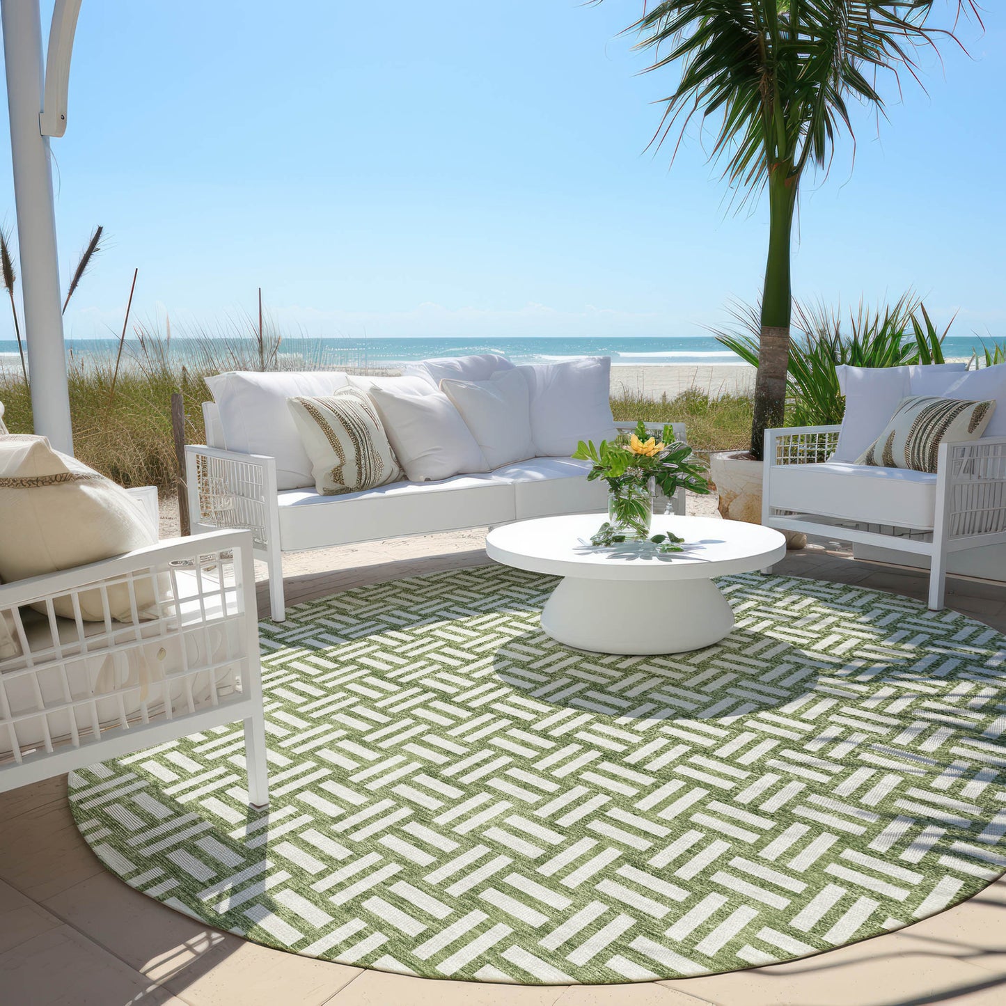 Tabselect Home Line 8' Green And Ivory Round Geometric Washable Indoor Outdoor Area Rug