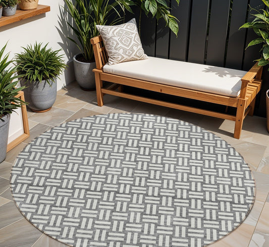 Tabselect Home Line 8' Gray And Ivory Round Geometric Washable Indoor Outdoor Area Rug