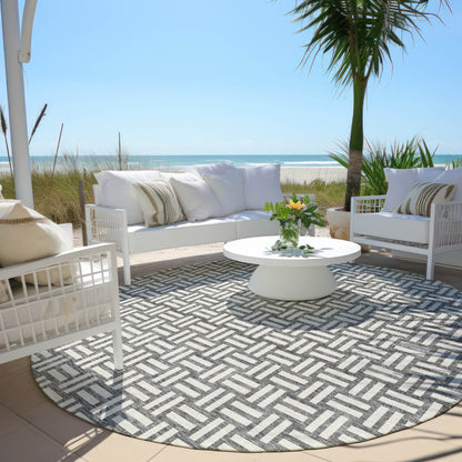 Tabselect Home Line 8' Gray And Ivory Round Geometric Washable Indoor Outdoor Area Rug