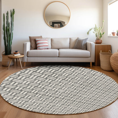 Tabselect Home Line 8' Gray And Ivory Round Geometric Washable Indoor Outdoor Area Rug