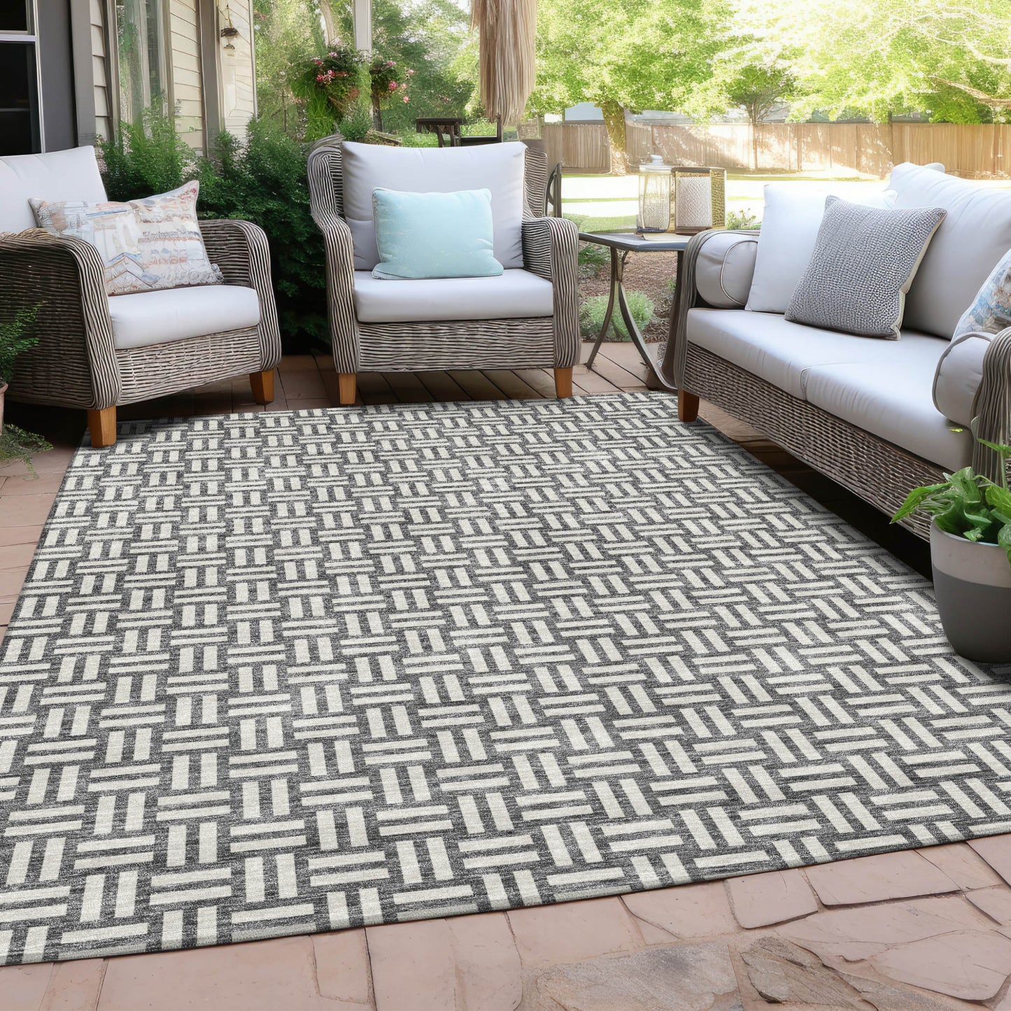 Tabselect Home Line 8' X 10' Gray And Ivory Geometric Washable Indoor Outdoor Area Rug