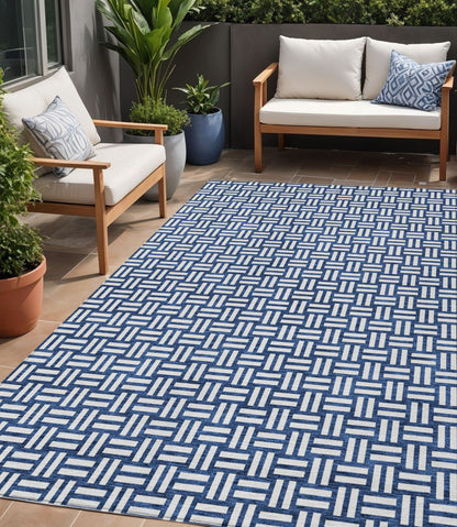 Tabselect Home Line 5' X 8' Navy Blue And Ivory Geometric Washable Indoor Outdoor Area Rug