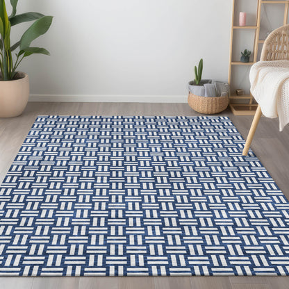 Tabselect Home Line 5' X 8' Navy Blue And Ivory Geometric Washable Indoor Outdoor Area Rug